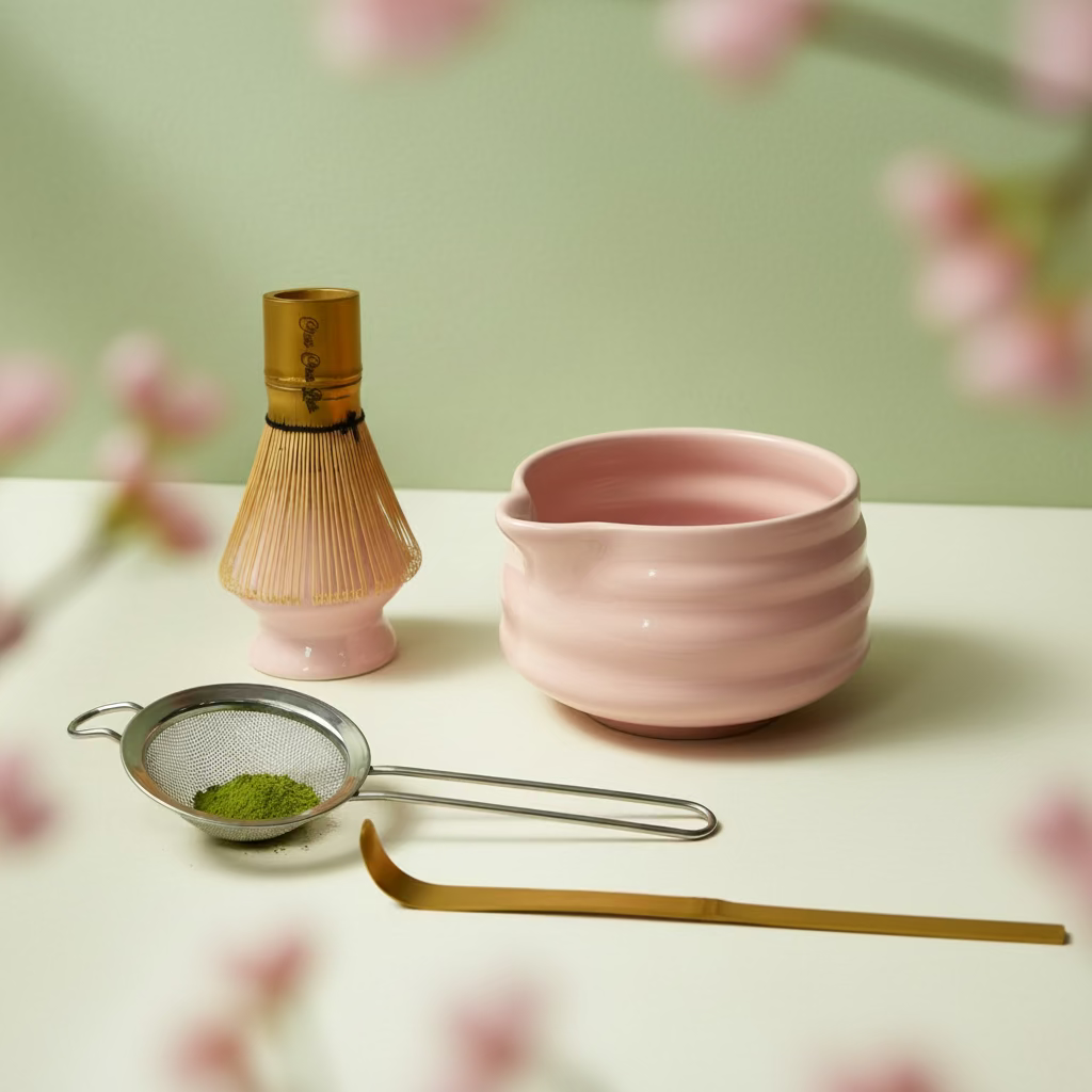 ChaChaLab - Set nástrojov na prípravu matcha čaju (5ks) - Blush Pink (Chawan / miska 500 ml)