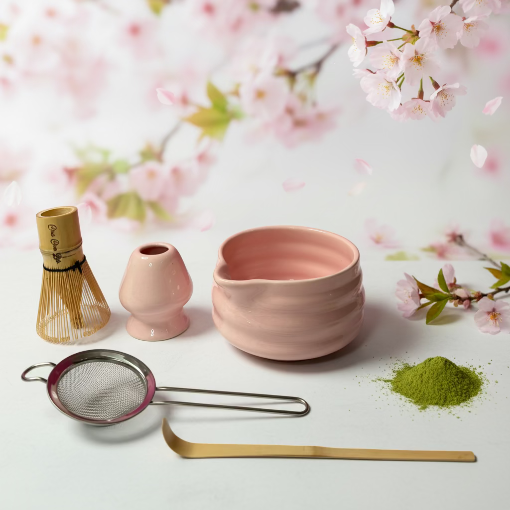 ChaChaLab - Set nástrojov na prípravu matcha čaju (5ks) - Blush Pink (Chawan / miska 500 ml)